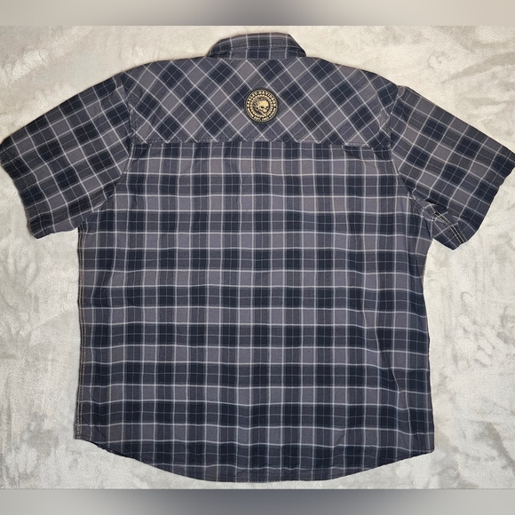 Harley Davidson Short Sleeve Button Up Shirt 3XL Black  Plaid With Flaming Skull - Picture 7 of 12